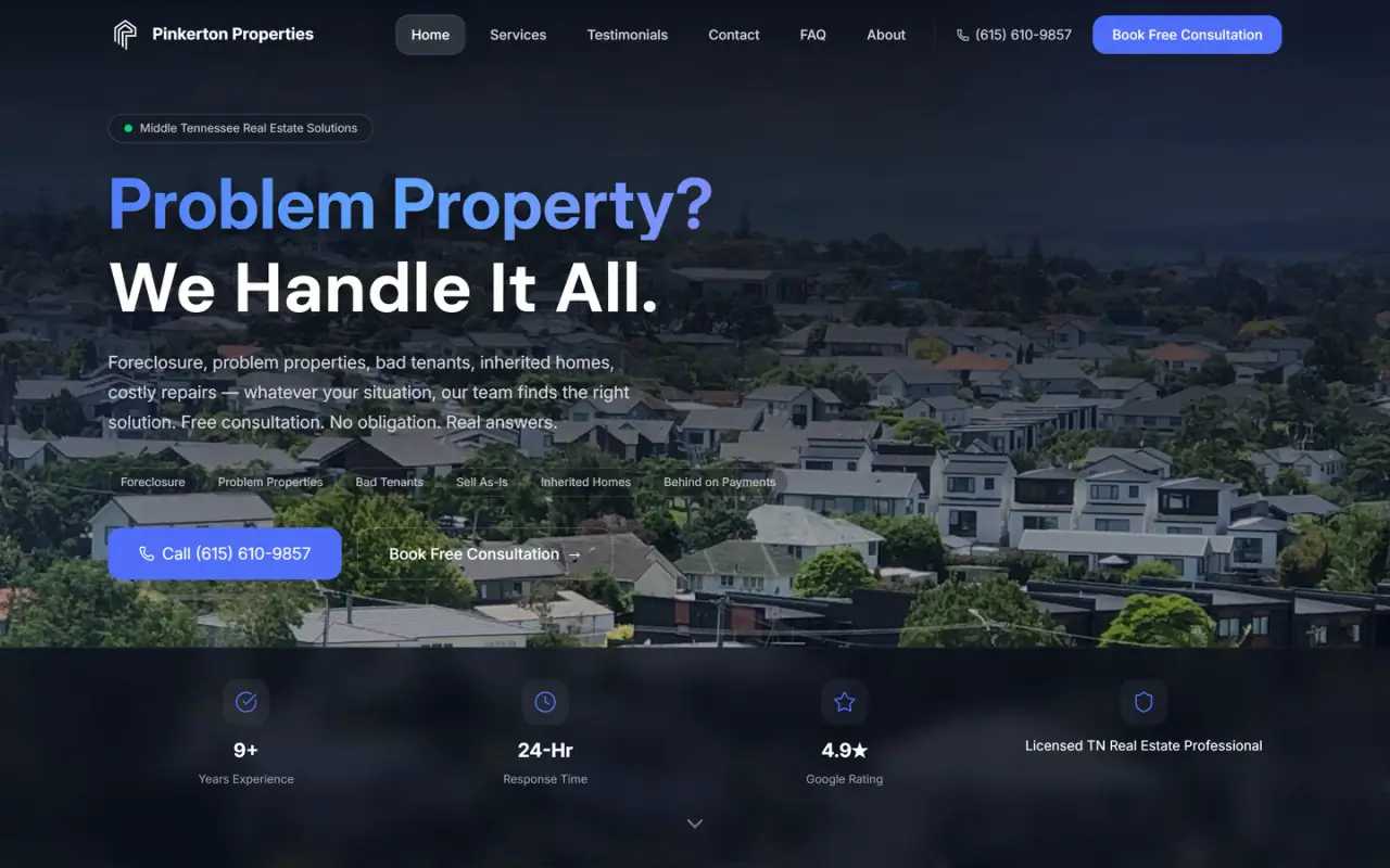 Homepage screenshot of Pinkerton Properties, a Nashville real-estate brand.