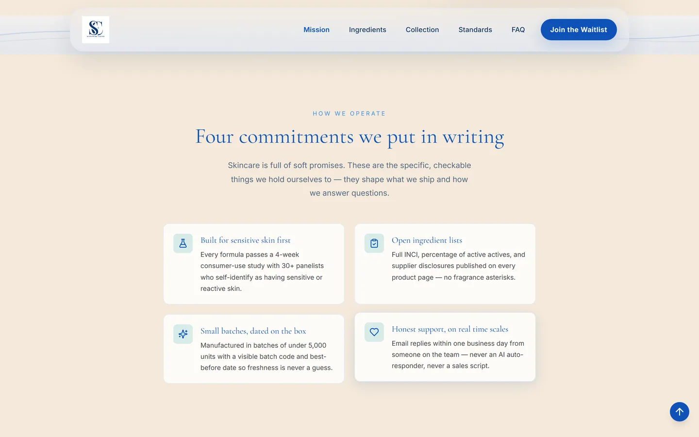 Sapphire Cove mission section with four commitment cards covering sensitive-skin testing, ingredient lists, batch dating, and support response time.