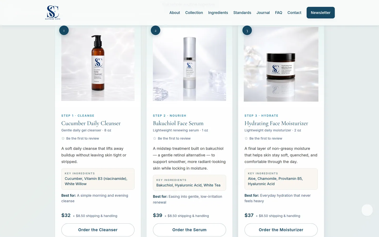 Sapphire Cove collection page with three numbered product cards — Cucumber Daily Cleanser, Bakuchiol Face Serum, and Hydrating Face Moisturizer — each listing key ingredients and an order button.