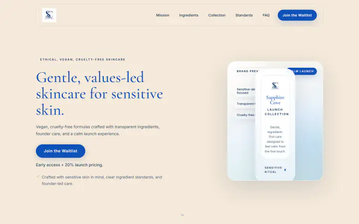 Homepage screenshot of Sapphire Cove Skincare, a founder-led skincare brand.
