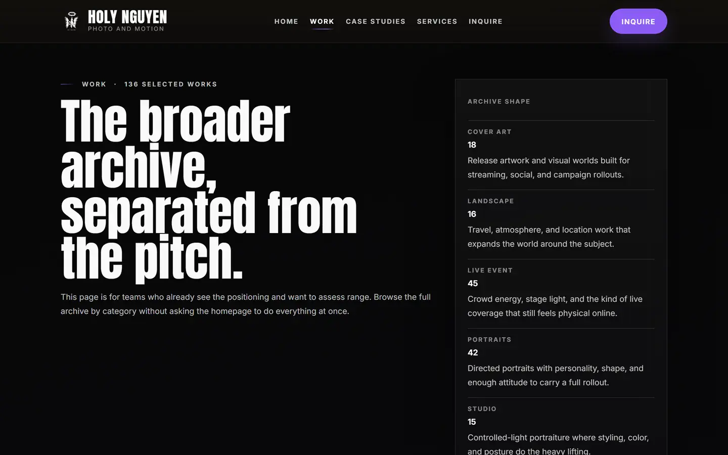 The Holy Nguyen work archive page with oversized headline and Archive Shape sidebar listing five categories with selected-work counts.