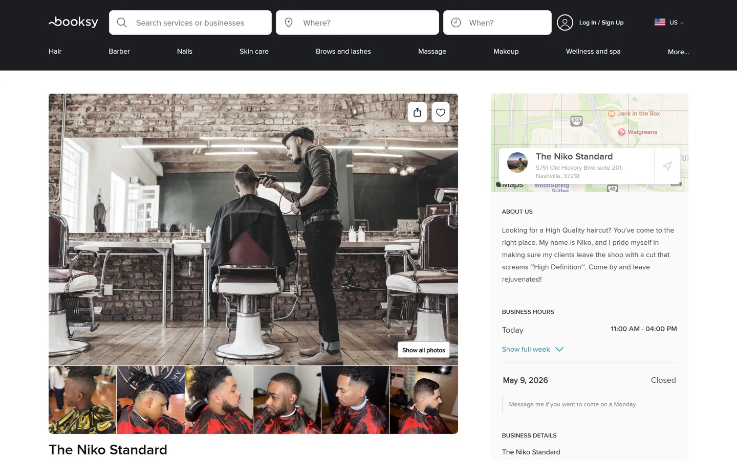 The Niko Standard booking page on Booksy with shop interior photography, hours, address (5751 Old Hickory Blvd), and About Us section.