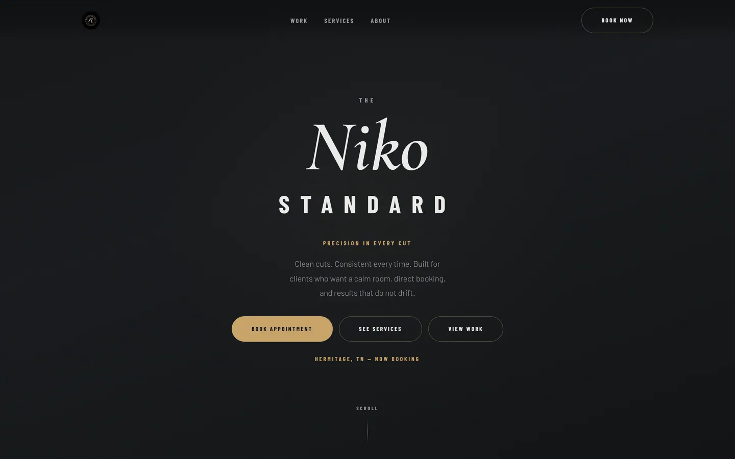 Homepage screenshot of The Niko Standard, a high-end barber and personal grooming brand.