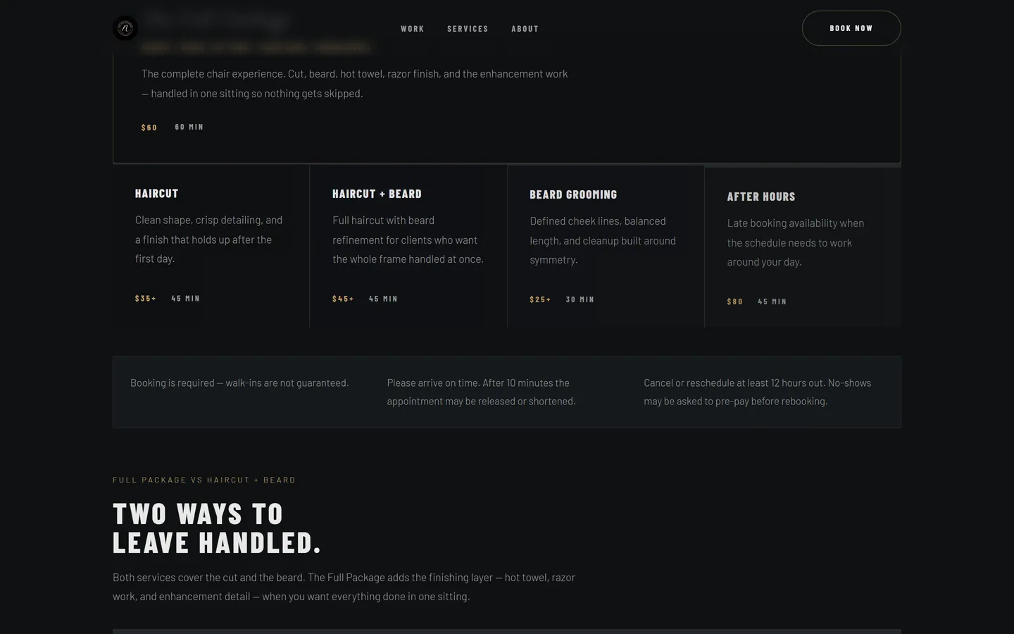 The Niko Standard services section showing dark-mode price cards with duration, plus booking policies and Two Ways To Leave Handled comparison.