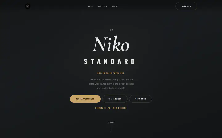 Homepage screenshot of The Niko Standard, a high-end barber and personal grooming brand.