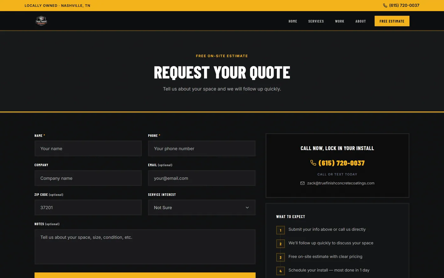 True Finish quote-request page with structured intake form (name, phone, company, ZIP, service interest, notes) and contact card.