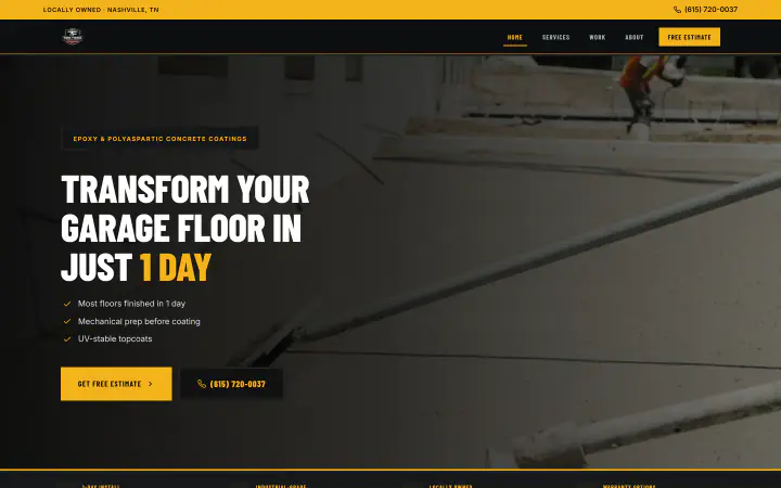 Homepage screenshot of True Finish Concrete Coatings, a Nashville-area concrete and epoxy contractor.